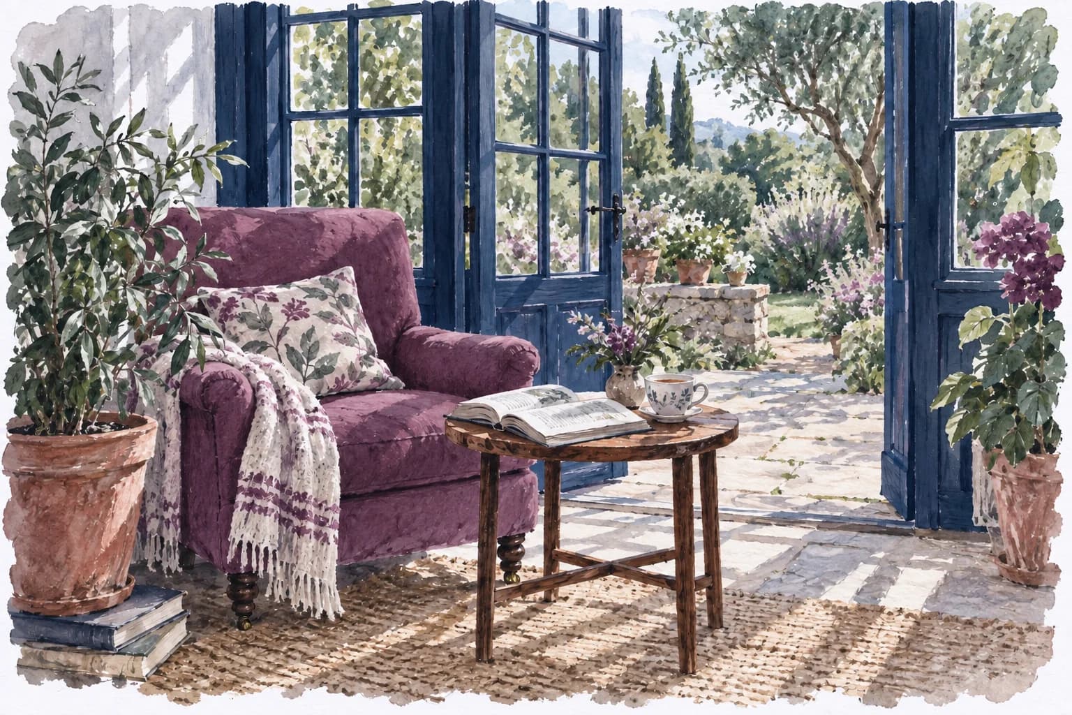 An illustrated reading chair by open garden doors in the morning sun